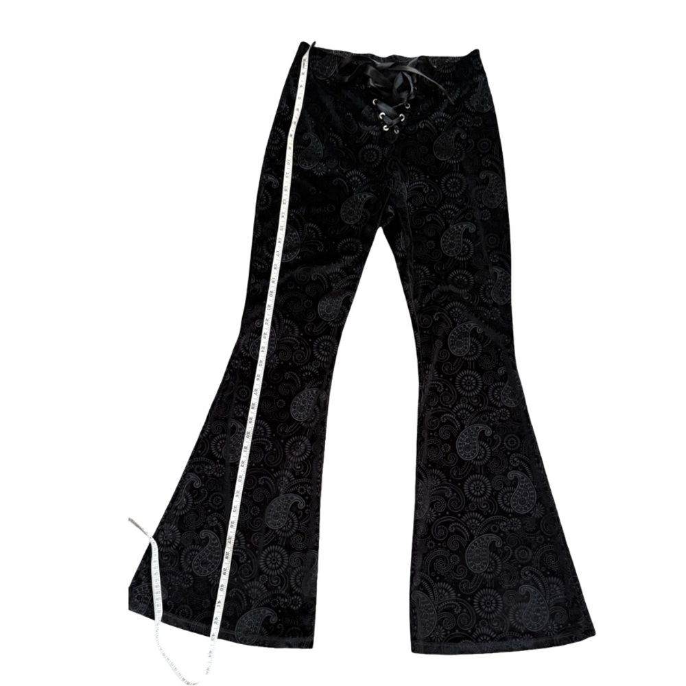 Goth Velvet Boho Gypsy Black Paisley Flare Pants - Picture 4 of 11